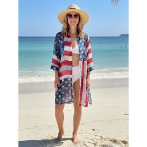 John Mark Sheer Flag Print Beach Cover Up - NWT - Size L -Patriotic Button Front
